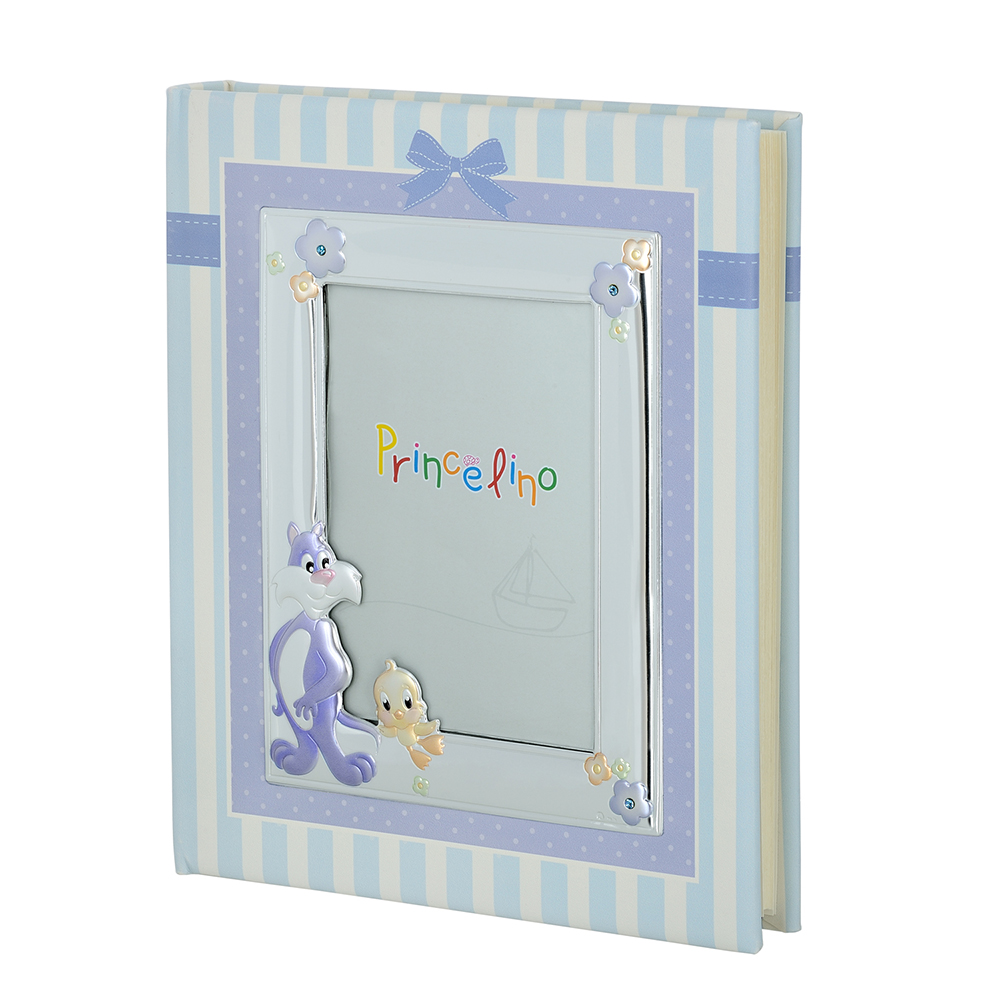 Album παιδικό 'Silvester & Tweetie με παραθυράκι ασημένιο 13cmx18cm' επάργυρο/δερματίνη μπλε 20cmx25cm Princelino