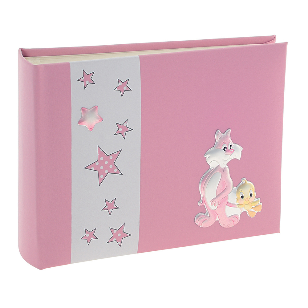 Album παιδικό 'Silvester & Tweetie' επάργυρο/δερματίνη ροζ 15cmx20cm Princelino
